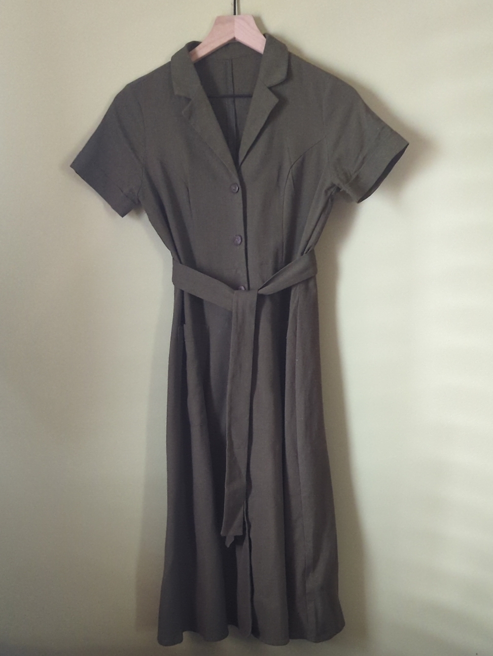 100% Organic Linen Olive Midi Shirt Dress with Self Tie Belt